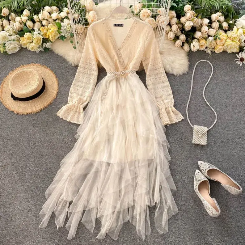 Early Autumn New Dress Female 2020 New Beaded V-Neck Design Irregular Mesh Long Skirt Maxi Dresses Women