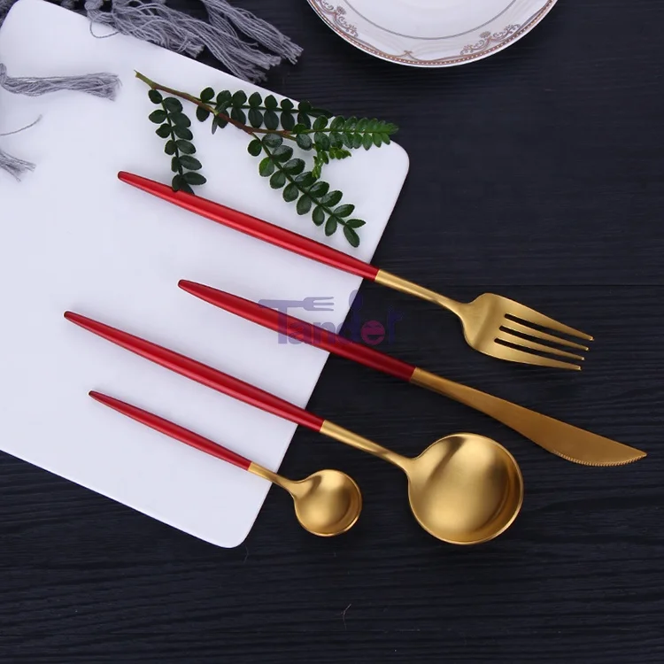 elegant bulk matte gold cutlery pink handle stainless steel flatware