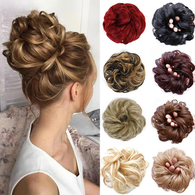 Women and Girls Curly Scrunchie Chignon Hair Bun With Rubber Band Synthetic Hair Ring Wrap On Messy Hair Bun Ponytails