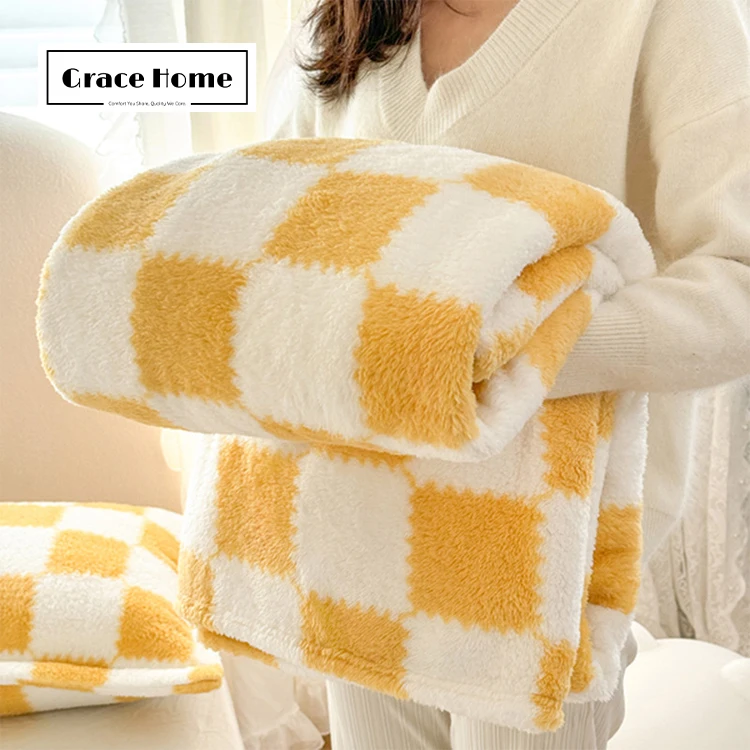 Grace Home Competitive Manufacturer Classic Plaid Printing Double Sides Coral Flannel Fleece Blanket For Winter Air Conditioner