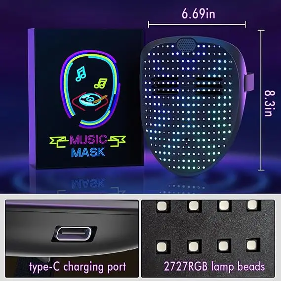 USB rechargeable LED Mask with music Effect and Gesture Sensing,Light up LED Halloween Mask for Kids/Adults for Costume Party