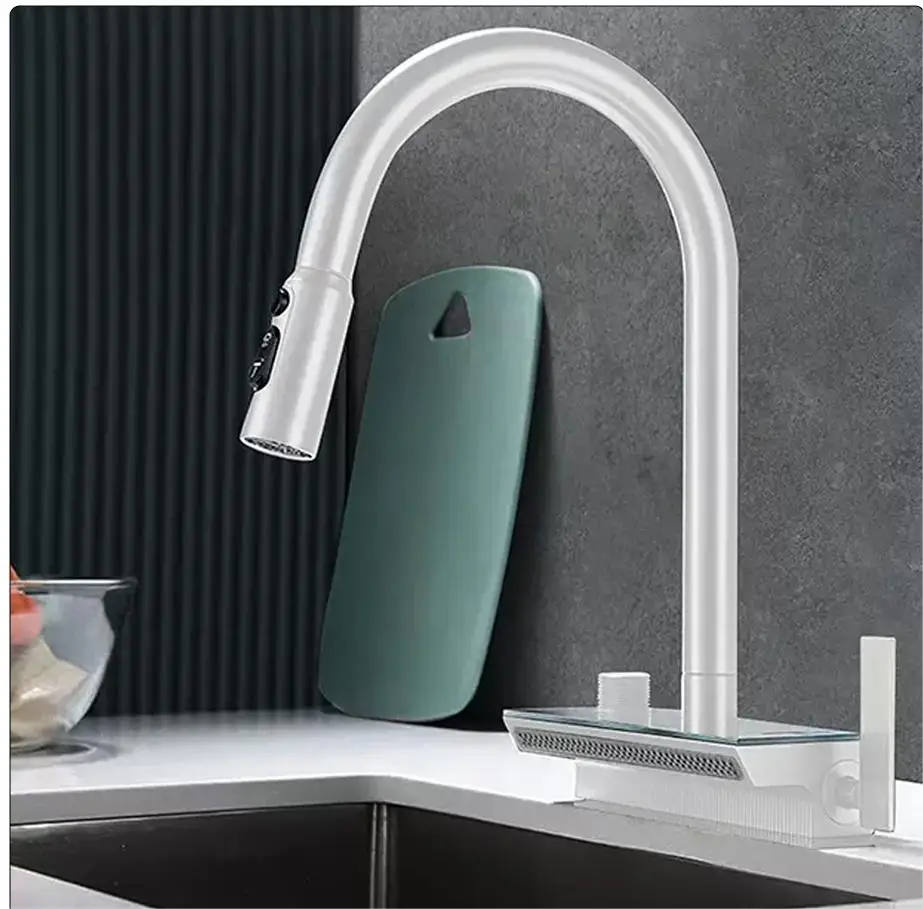 All-Copper Kitchen Faucet with Digital Display Flying Rain Waterfall Hot & Cold Pull Rotating Household Sink Kitchen Faucets