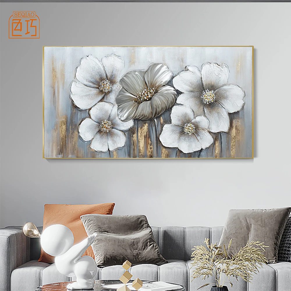 100% Hand Painted Metal Painting Large Modern Abstract Blue Flowers  Wall Frame Picture Artwork Office Decor