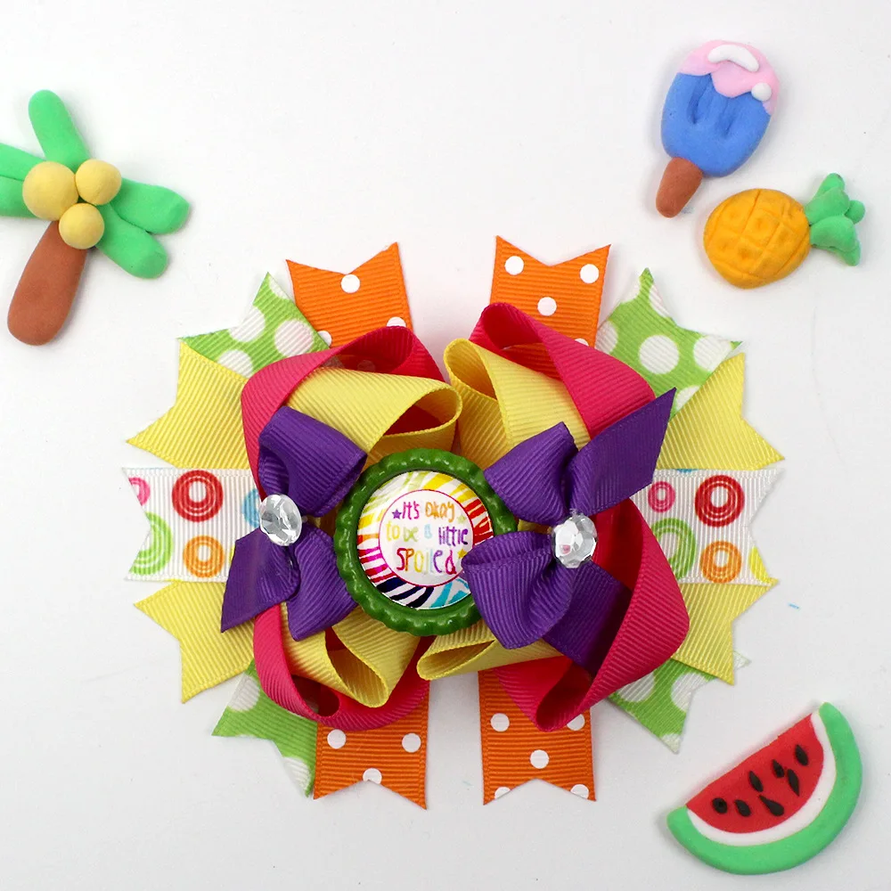 Spring Summer Collection Colorful Girls Hair Bow Cow Print Polka Dot Print Rainbow Bottle Cap Kids Girls Hair Accessories