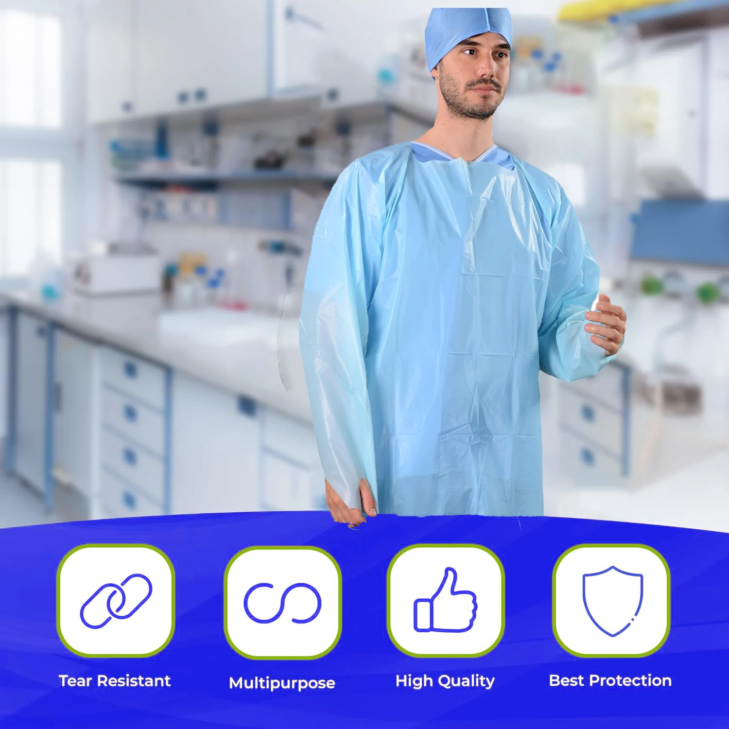 Disposable CPE robe cpe apron wearing robe Laboratory with thumb water and dust proof CPE isolation clothing