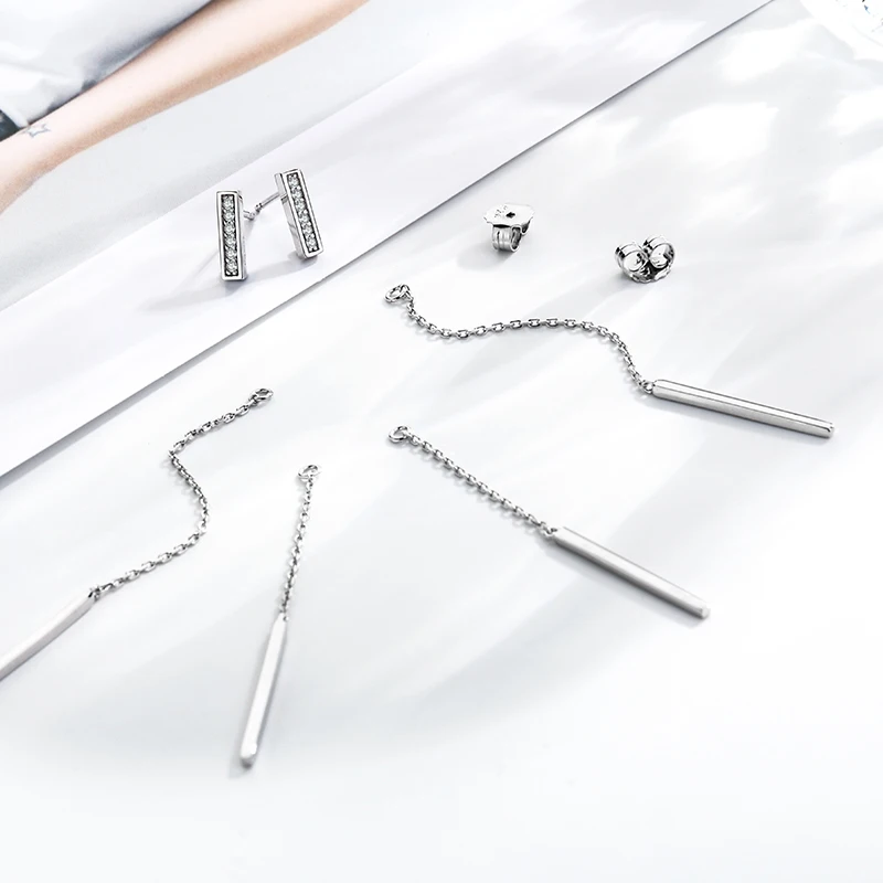 Simple and refreshing anti oxidant S925 sterling silver medium long earrings with pendant and zirconia inlaid drop earrings