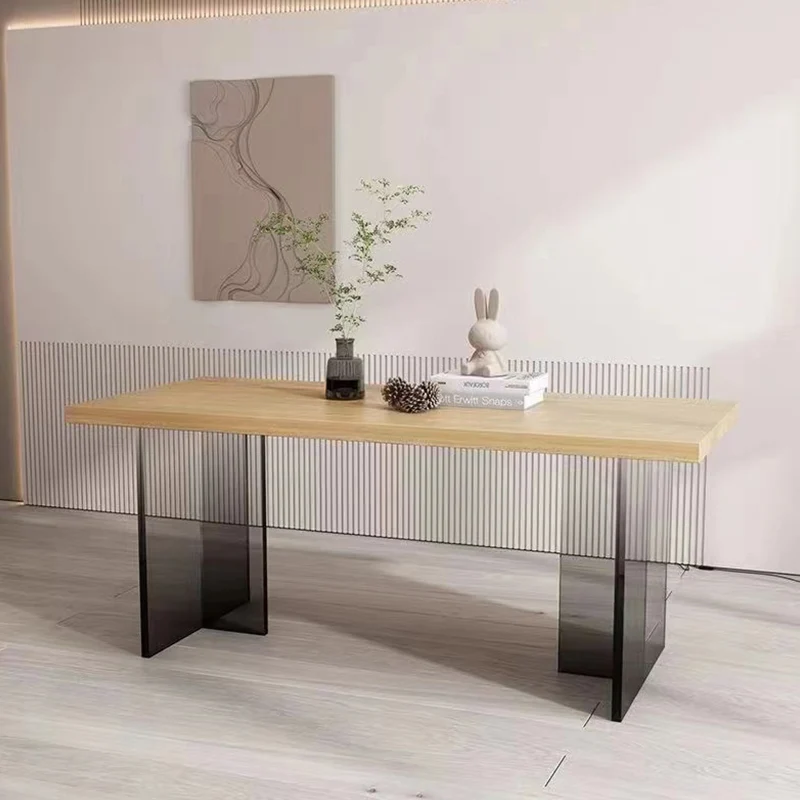 Custom New Model T Shape Modern Square Plank Wood Dining Table Support Table Acrylic Leg