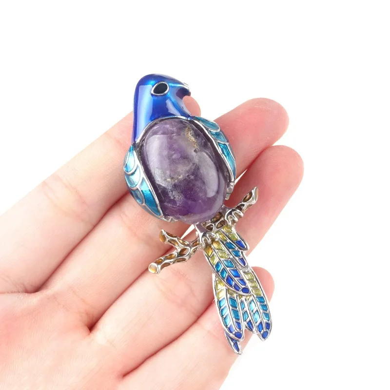 Gemstone Inlay Brooch Pendant Necklace Retro Parrot Pin and Pendant Vintage Crystal Agate Alloy Enamel Bird Brooch Charm