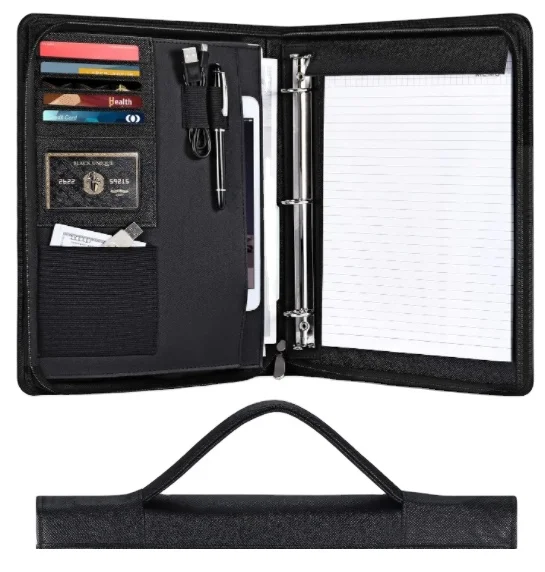 PU Leather Padfolio Business Resume Portfolio for A4 Document File Bag Zippered Business Padfolio with Notepad