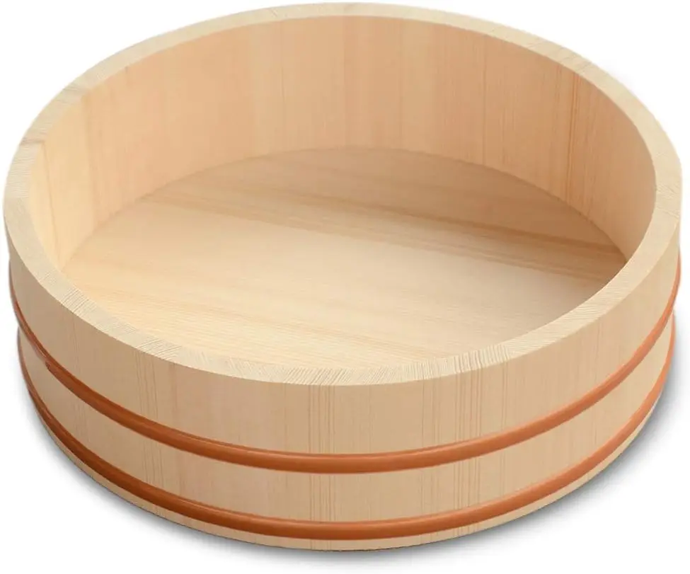 11.8 Inch Round Pine Wooden Sushi Rice Bowl Hangiri Sushi Oke Rice Mixing Tub Bucket