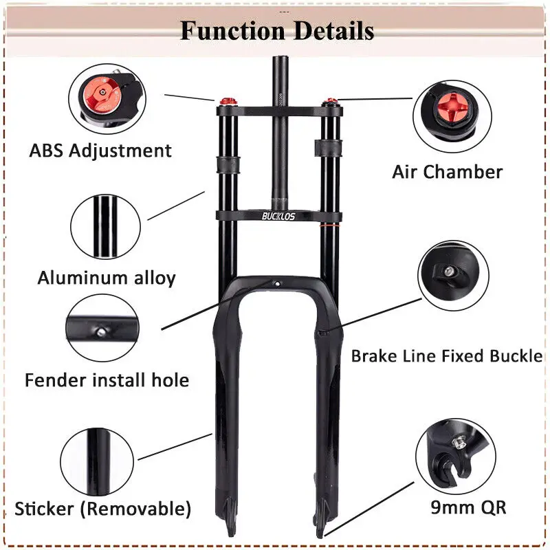 BUCKLOS 26 Inch Bike Air Suspension Fork Double Shoulder Snow Fork MTB 20*4.0 Inch Fat Bike Fork 180mm for E-bike DH Bicycle