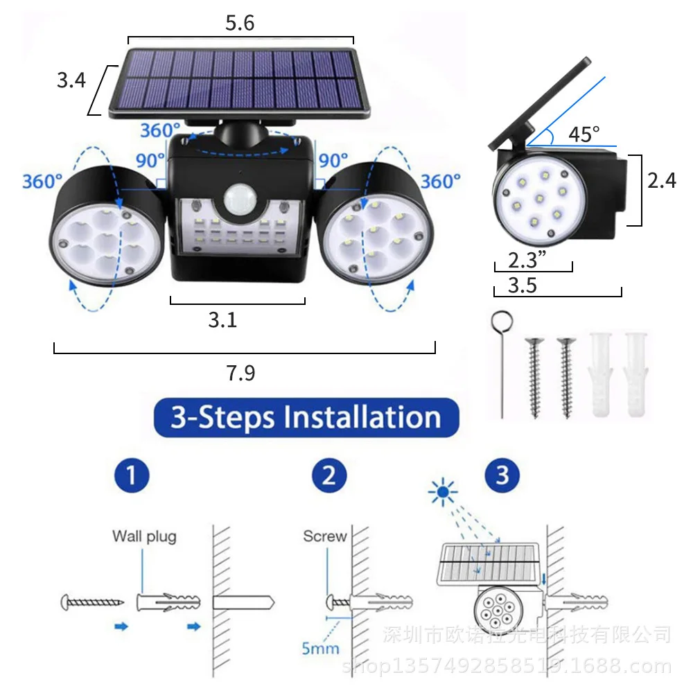 Waterproof Motion Sensor Solar Lamp Double Head Outdoor LED Solar Garden Light