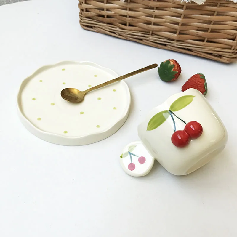 Simple cherry ceramic coffee cup and saucer cute three-dimensional shape milk breakfast cup