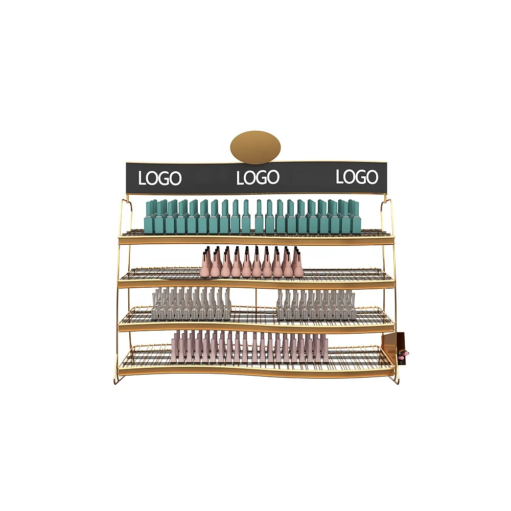 Custom logo makeup brand cosmetics beauty salon shop iron gold stand nail polish cosmetic shelf display rack