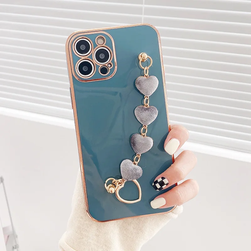 Luxury 6D Plating Phone Case For iPhone 14 13 12 11 Pro Max XS XR 7 8 Plus Soft TPU Back Cover With Love Lanyard