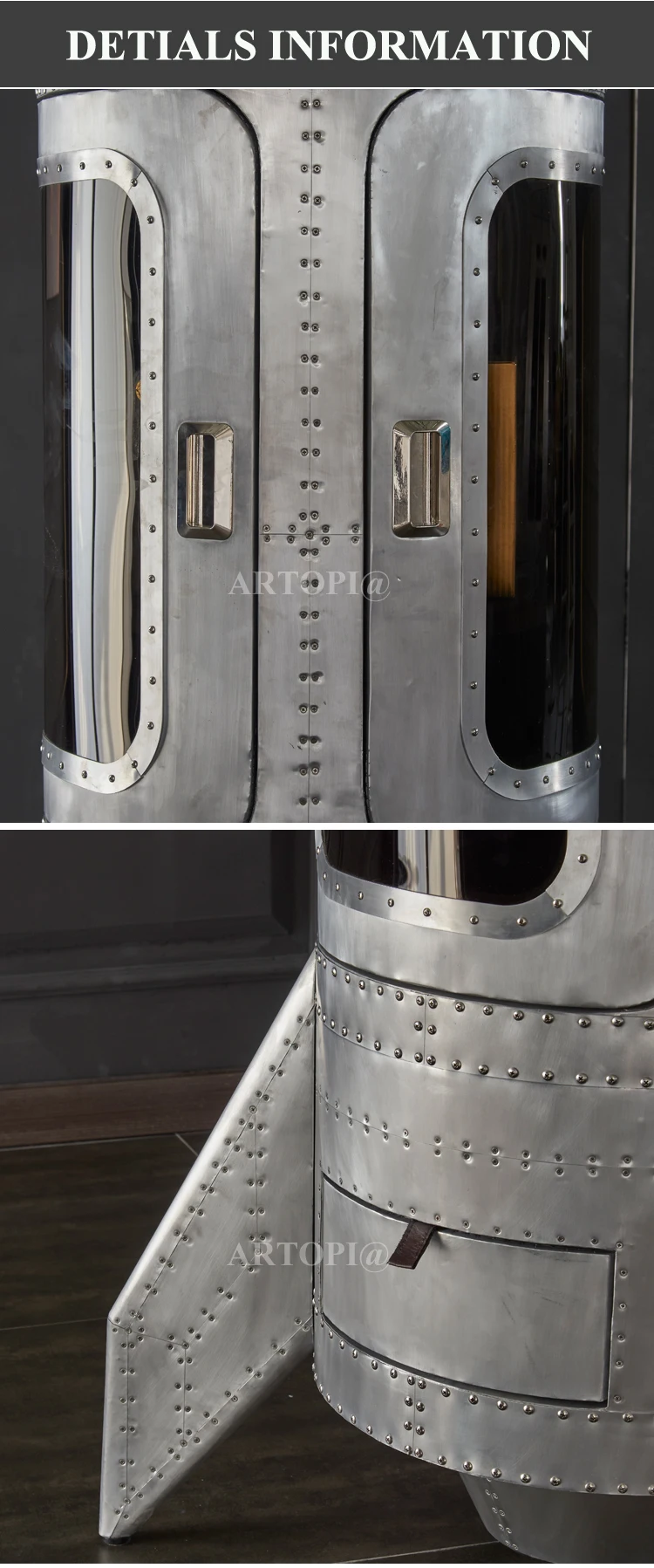 Unique exclusive aluminum aviator  world wine display cabinet with glass