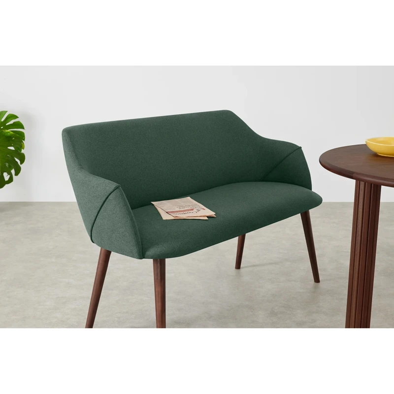 New product long soft cushion fabric kithcen restaurant room green dining bench chair with backrest and wood effect legs