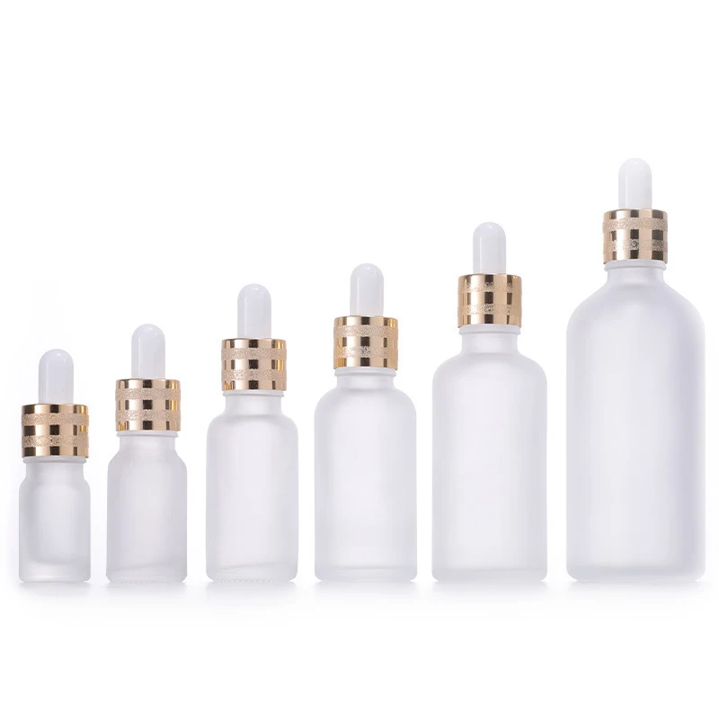 Empty Cuticle Oil Body Oil Container 5ml 10ml 15ml 20ml 30ml 50ml 100ml Frosted Glass Serum Dropper Bottle with Golden Sand Top