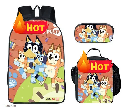 Customization cartoon blueyes dog cartoon image customize 3 in 1 polyester lunch bag pencil case kids school backpack bag set