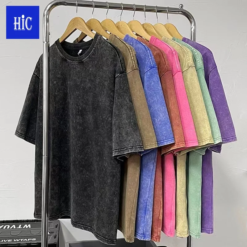 HIC 230 г хлопковые 100% с логотипом на заказ коротким рукавом винтажные стирание больших размеров большие футболки принтом для мужчин