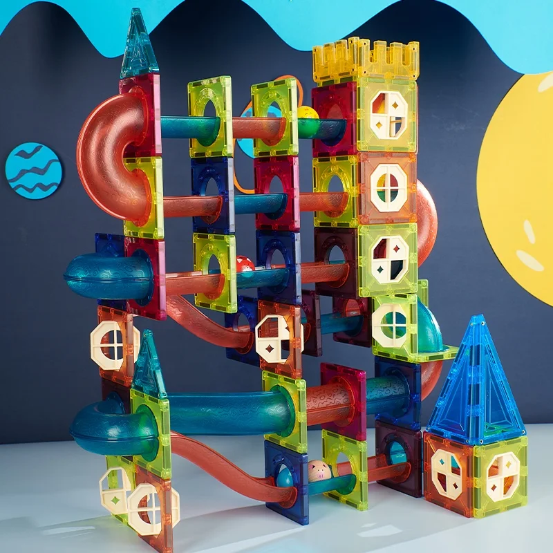 Magic Magnetic Paradise 3d 110 pcs Magnetic Marble Run Tiles Big Plastic Building Marble Running Toy