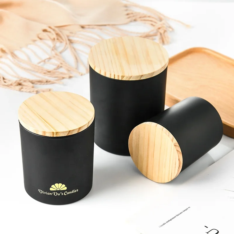 Simple matte white and matte black 6oz 10oz 14oz glass candle jar glass with customized logo and wooden lid