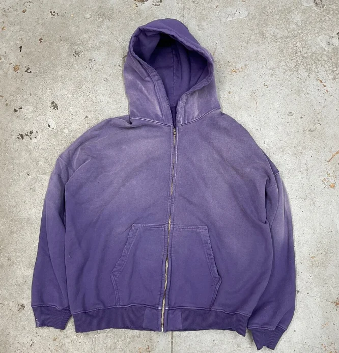Custom Heavy Weight Fleece Oversize Y2k Stone Acid Wash Sun Faded Zip Up Cotton Hoodie Blank Manufacturer