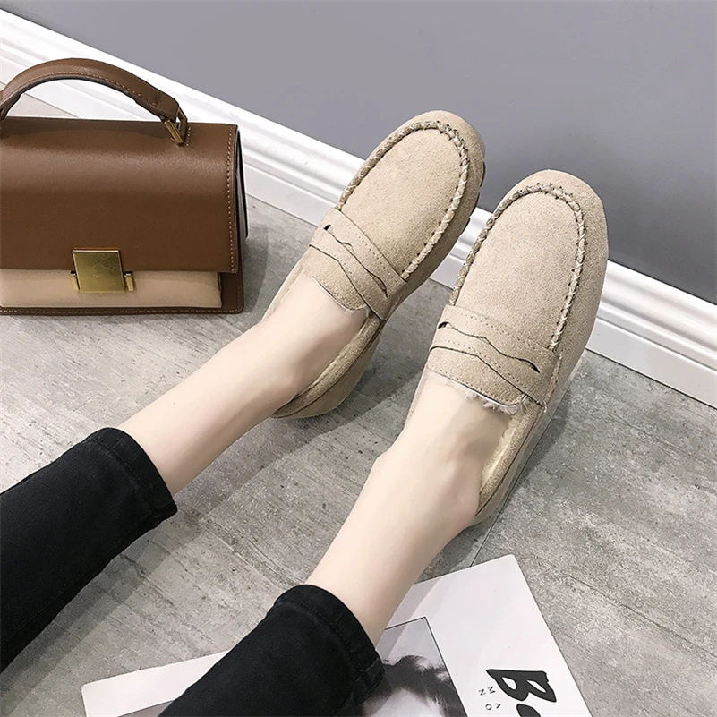 Soft Bottom Oxford Women Flat Shoes Casual Plush Warm Boat Shoe For Winter Office Hospital Work Shoes Loafers