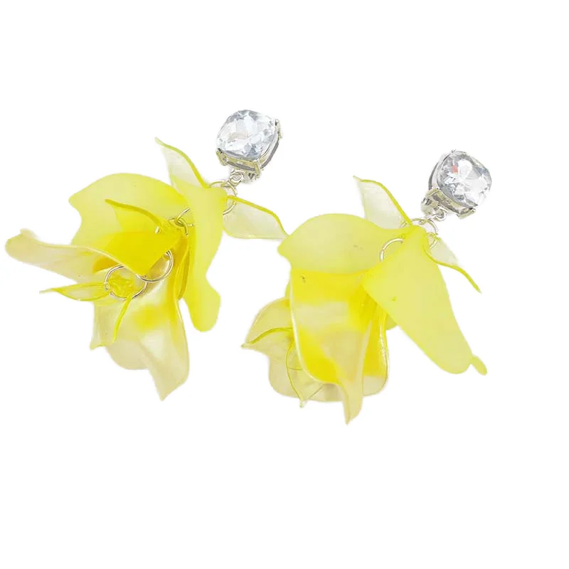Wholesale Spring Neon Cascading Petals Statement Clip Earrings With Square Glass Stone Women Fashion Jewelry