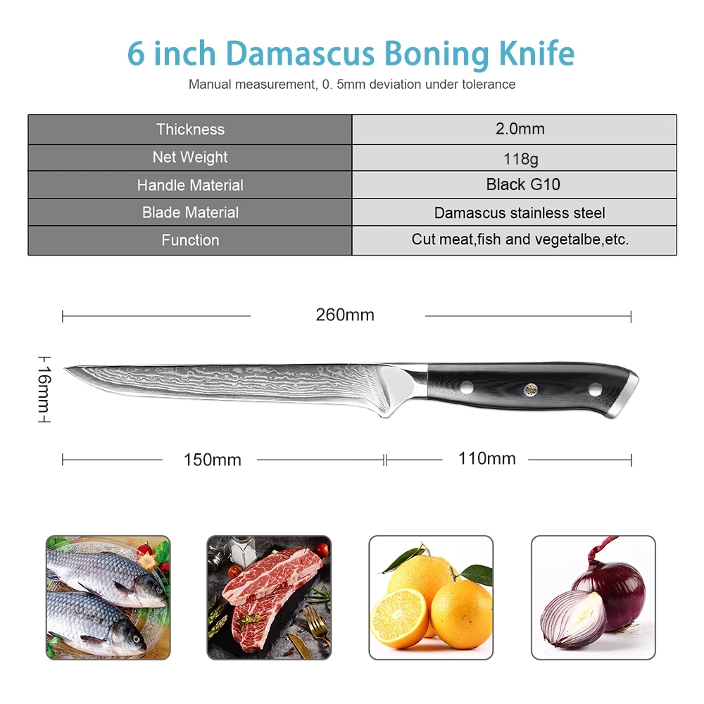 6 inch Boning Fillet Knife Japanese VG10 Damascus steel Kitchen Chef Turkey Beef Butcher Knife Tool Black G10 Handle Cleaver Hot