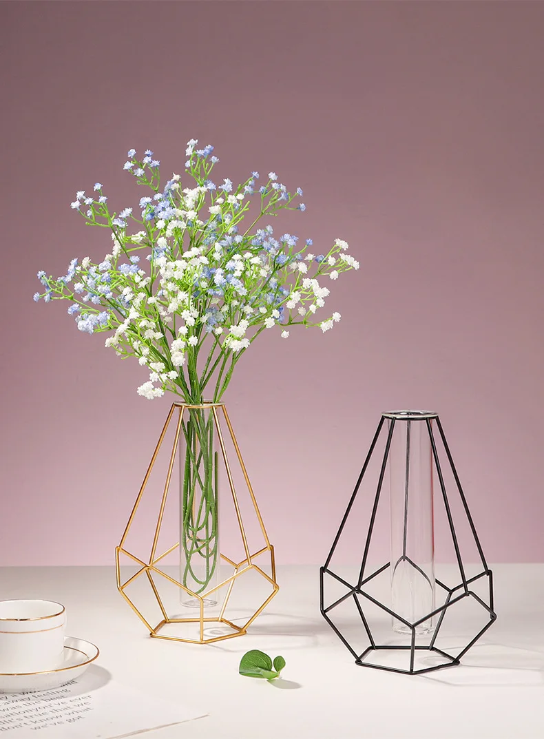High Quality Metal Vase Home Decors Hanging Test Tube Metal Wall Gold Transparent Flower Vase Home Decoration