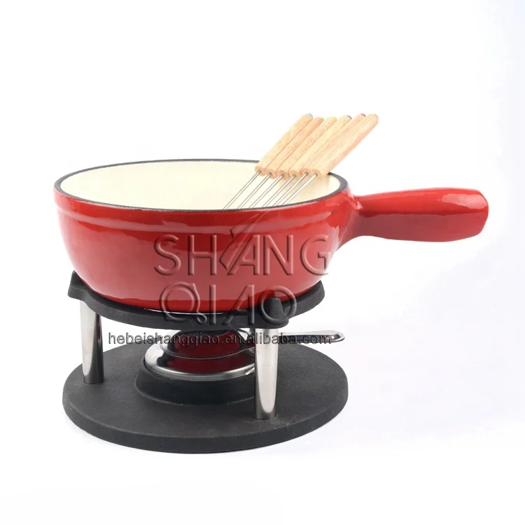 7 inch Enameled cast iron Chocolate Fondue Pot With 6 Fondue Forks Cheese Fondue Set
