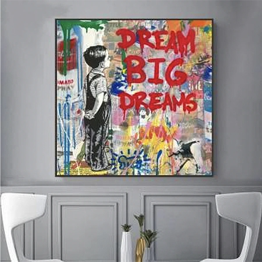 100% Hand-Painted Street Graffiti Pop Art Big Dreams Banksy Large Canvas Oil Paintings Wall Art Cartoon Cuadros Pintados A Mano