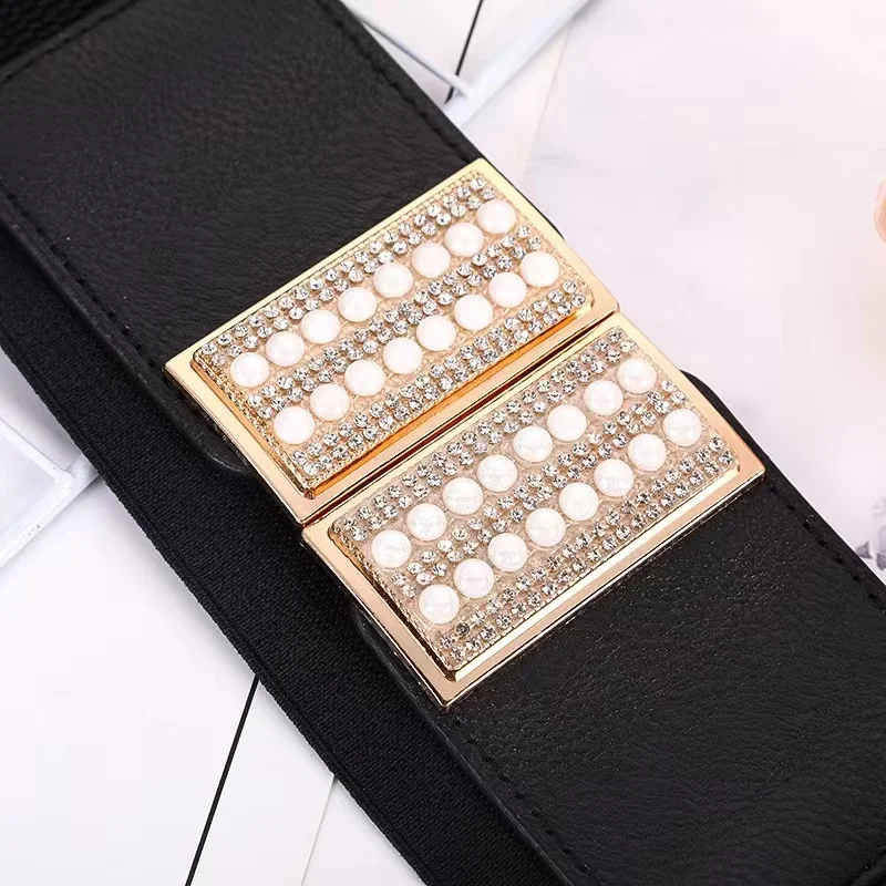 Custom Fashion Waistbands Elastic Belts For Women Dress Elegant Shiny Rhinestone pearl Corset Wide shape Elastic Waist Belt