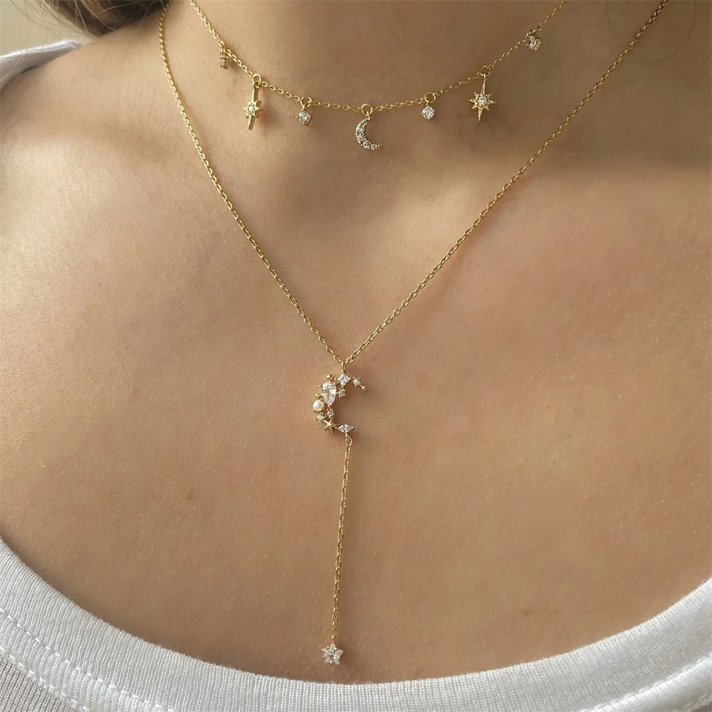 Fashion Star And Moon Multi Pendant Necklace Clavicle Chain High Sense Gold Plated Zircon Charms Chokers Necklace For Women
