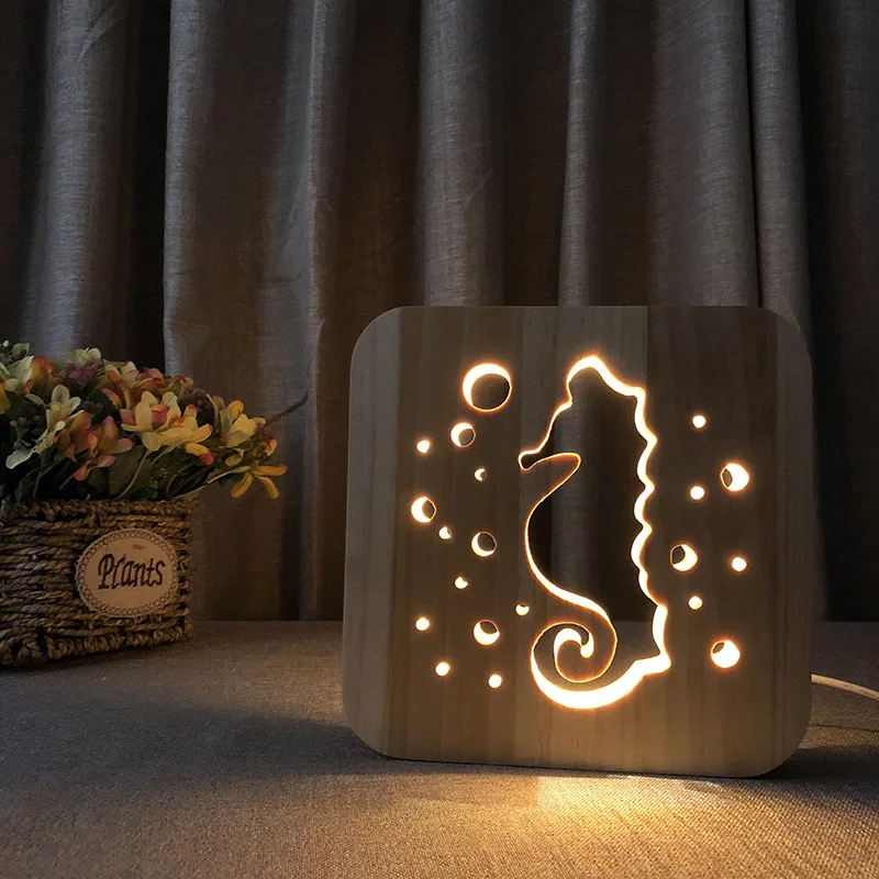 
Personality Creative Decorative Lamp Cartoon Animal Solid Wood Hollow 3D Night Light 