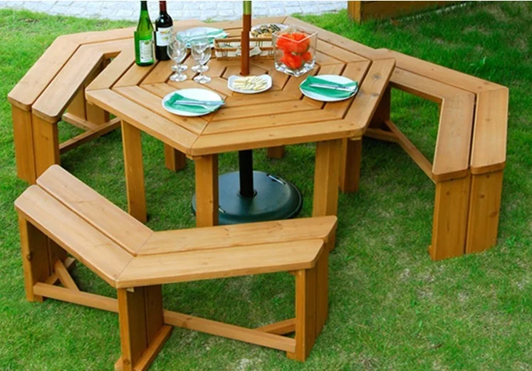 
4pcs hexagon wooden outdoor patio dinning set 1 table 3 seat for garden 