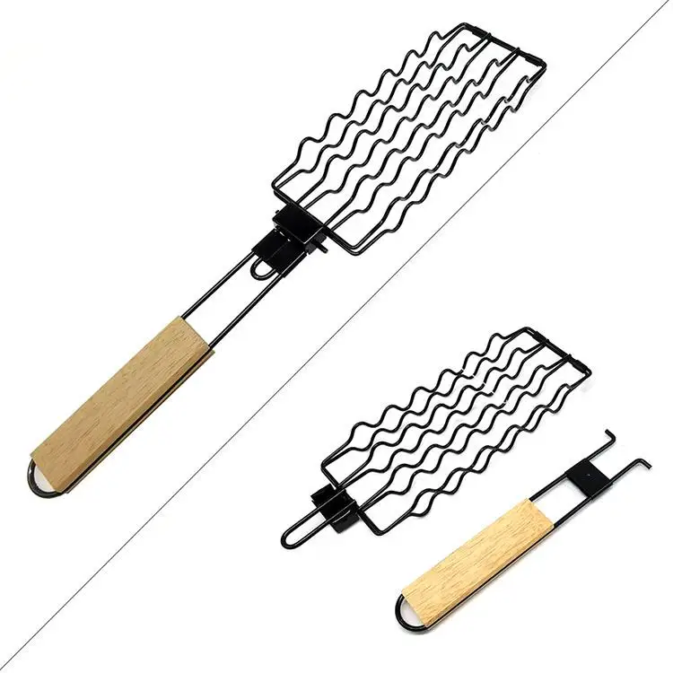 BBQ Sausage Grilling Basket with Wood handle -BBQ For 6 Hot Dog - Bratwurst Portable Rack Suitable for Campfire and Picnic