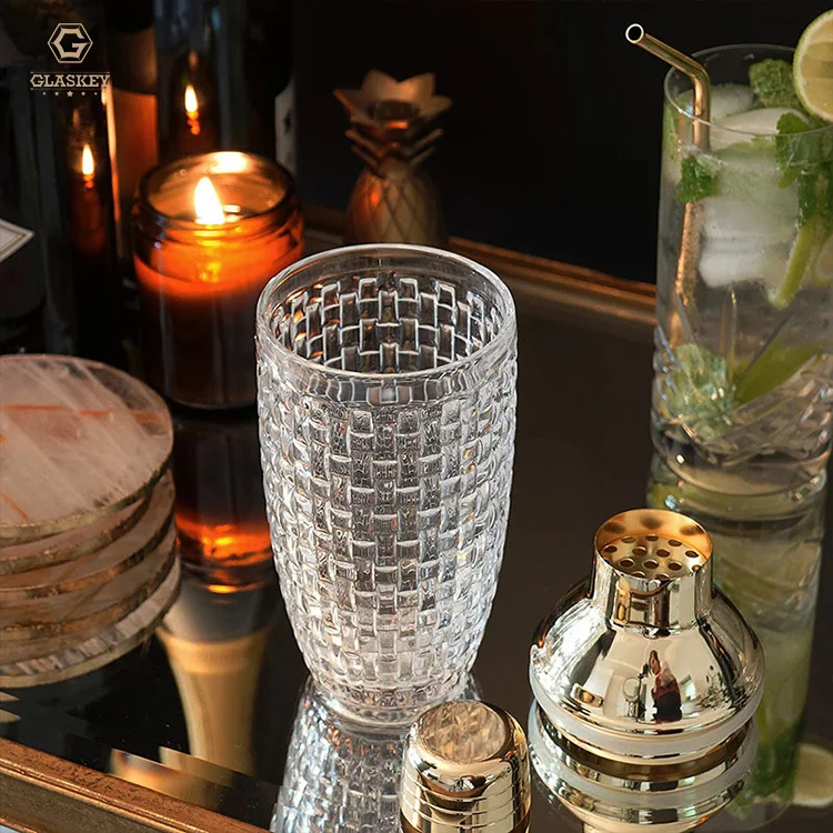 Glass Mixer Plaid Glass Shaker Stainless Steel Lid Mixing Cup Bar Bartending Tool Shaker Cup