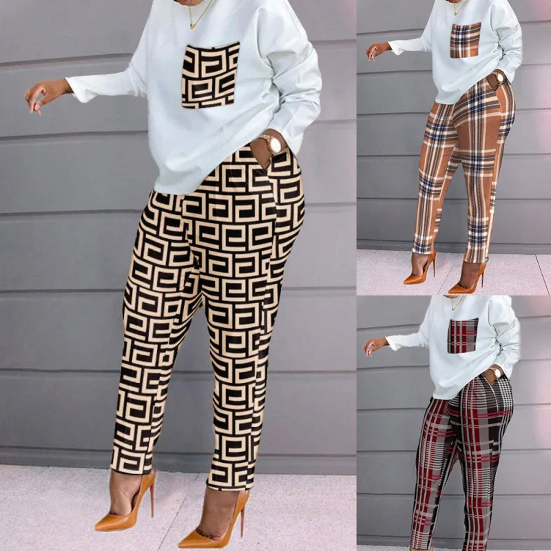 Spring Fashion Print Long Sleeve Plus Size Two Piece Pants Women Casual Fire Set