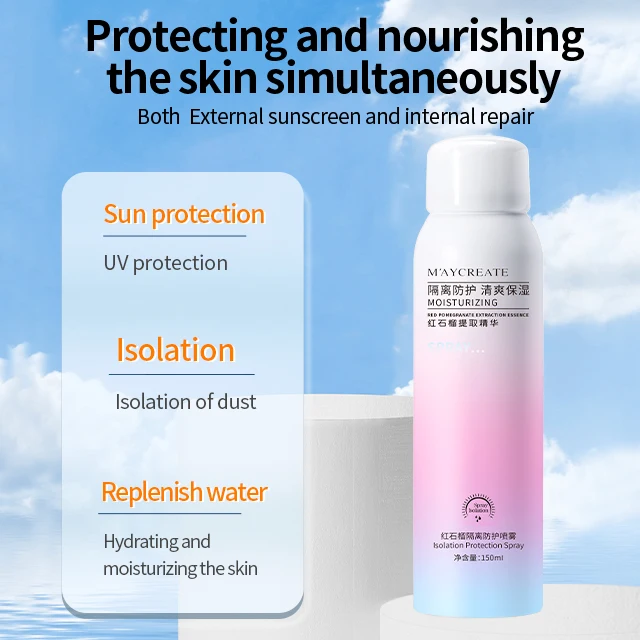 Private label in stock Red pomegranate 150ml moisturizing isolation protective Sunscreen Spray whiten face factory wholesale