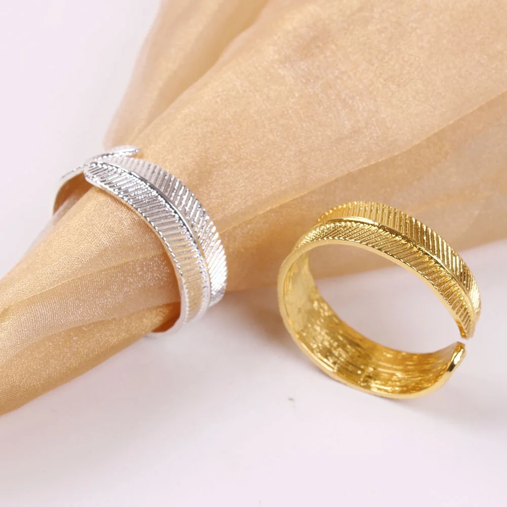 European-style restaurant banquet cloth decorated napkin ring Gold plated leaf napkin metal feather napkin ring