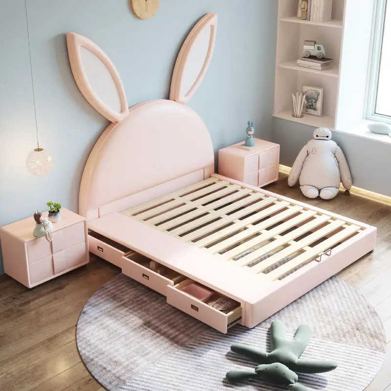 Children Kid Size Single Double Leather Bed Bedroom Kid Furniture Set Rabbit rabbit ears children bed fantasy castle cartoon