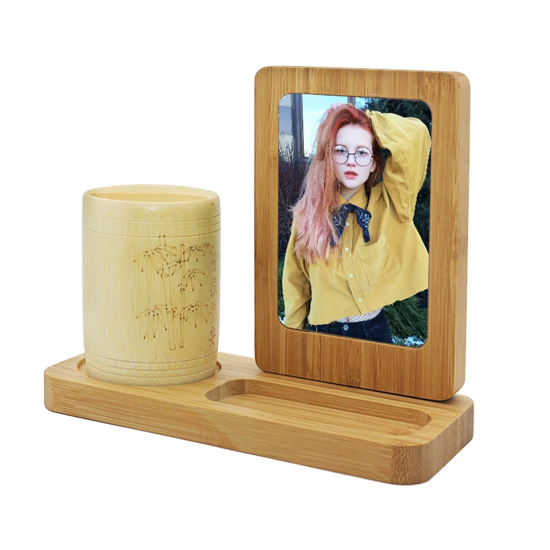 sublimation Blanks Bamboo Photo Frame pen holder Stands With Aluminum Sheet Insert