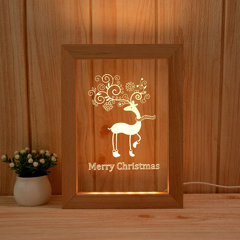 Wholesale  factory  Solid Wood LED Photo Light Table Desk Modern Style 3D Wood Frame Night Light Lamp