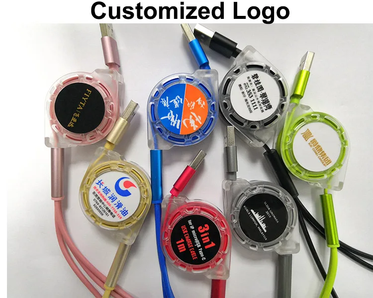 Custom Logo Multiple 3in1 Retractable Mobile Phone Cable USB Extension 3 in 1 Charging Cable USB Cable 3 in 1