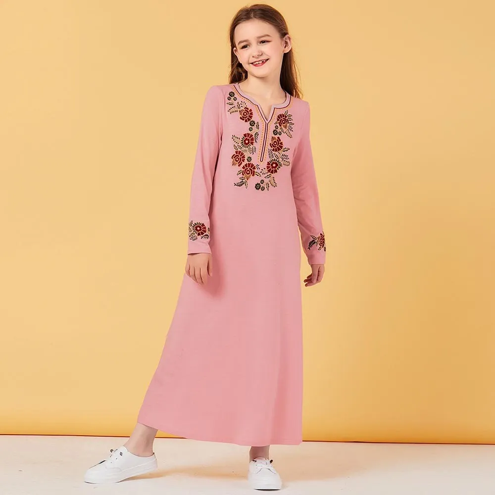Модное детское повседневное цельное мусульманское длинное платье с вышивкой для девочек-подростков на лето