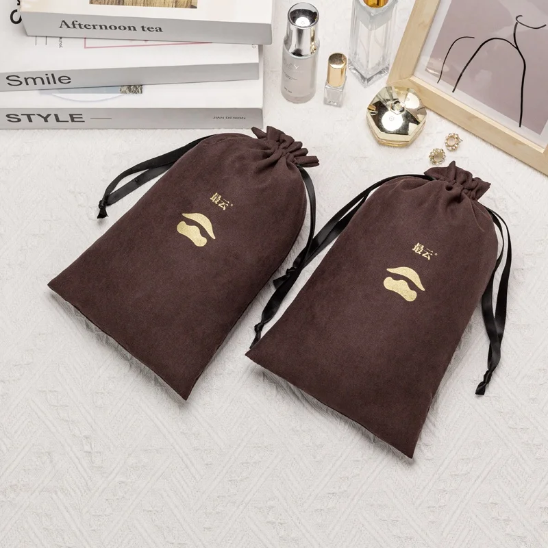 Recyclable Custom Logo Printed High Quality  Brown Suede  Brush Packaging Bag Drawstring Bag For Toys Storage Cosmetic Bag