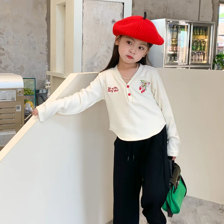 2022 autumn new arrival infant girls V neck fleece child baby clothing embroidery cherry casual outfit 603X22193033