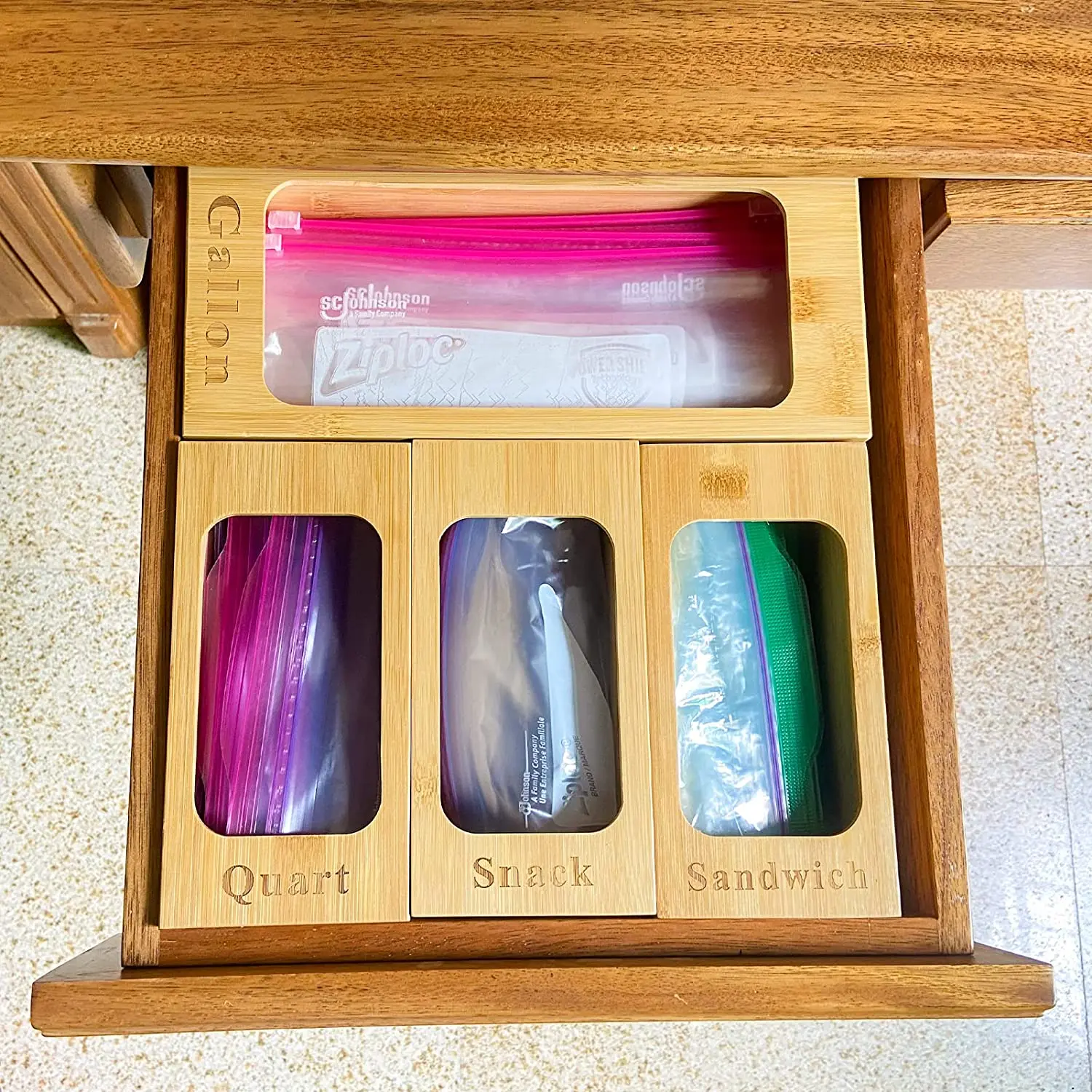 Set of 4 Food Storage Bag Organizers , Bamboo Ziplock Bags Holders for Gallon, Quart, Sandwich